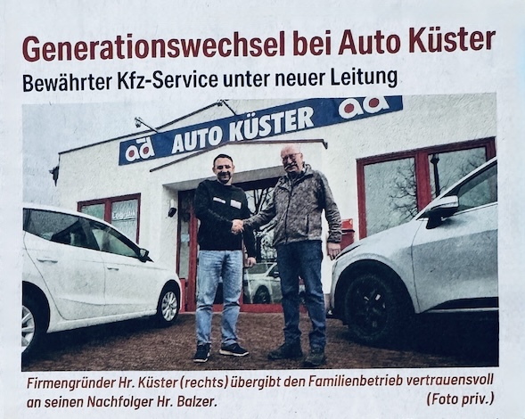 Bericht der Lokalzeitung Blickpunkt über die neue Leitung der Autowerkstatt Auto Küster in Reinbach